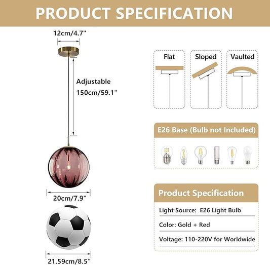 KCO Lighting Modern Large Globe Pendant Light - Vintage Gold Single Pendant - Round Glass - Industrial Kitchen Island & Dining Room Light Fixture (Burgundy-9.8')