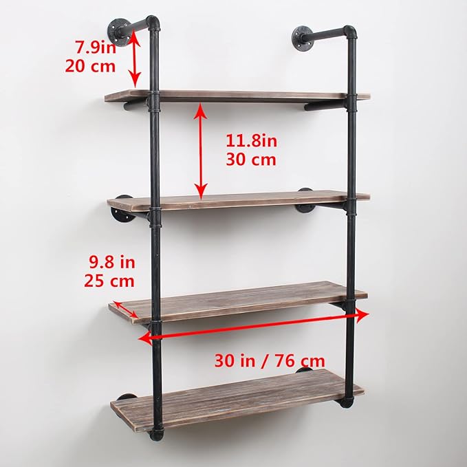 MBQQ Industrial Pipe Shelving Wall Mounted,30in Rustic Metal Floating Shelves,Steampunk Real Wood Book Shelves,Wall Shelf Unit Bookshelf Hanging Wall Shelves,Farmhouse Kitchen Bar Shelving(4 Tier)