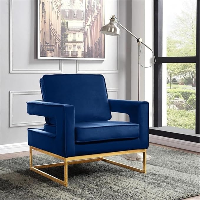 Meridian Furniture Noah Collection Modern | Contemporary Velvet Upholstered Accent Chair with Durable Stainless Steel Base, Navy, Gold Base