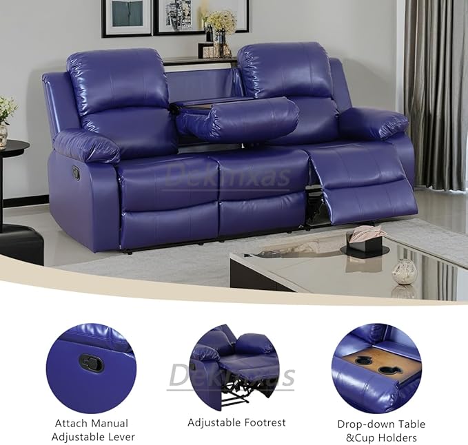 3 Seater Recliner Sofa Couch Manual Reclining Sofa Modern Leather Reclining Sofa Living Room Couch with Cup Holders & Drop Down Table for Living Room/Office/Rv Car (Purple Blue, 3 Seater Sofa)