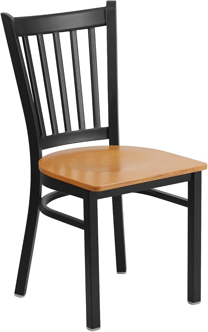 Flash Furniture 2 Pack HERCULES Series Black Vertical Back Metal Restaurant Chair - Natural Wood Seat