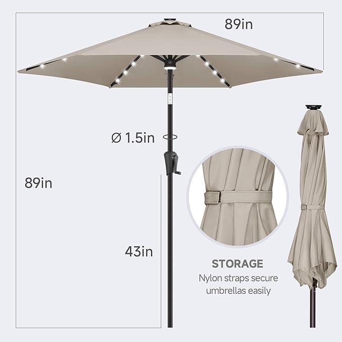 FLAME&SHADE 7.5 FT Solar Light Patio Umbrella, 24 LED Lights Outdoor Umbrella with Centre Surround Light, Table Umbrella Outdoor Patio for Deck, Pool, Backyard, Garden, UV Protection (Taupe)