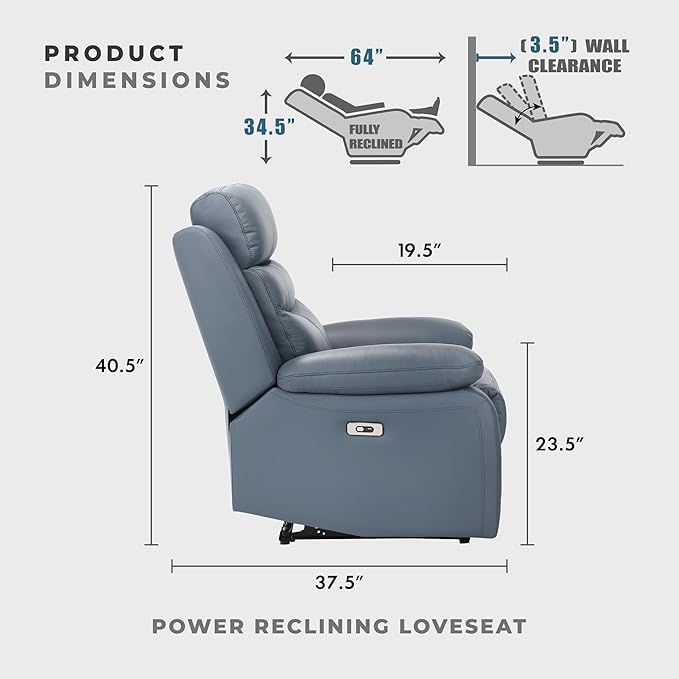 Lexicon 64" W Power Double Reclining Loveseat, with USB Charging Port, Wall Hugger Leather Match Reclining Love Seat, for Living Room, Apartment, Easy Assembly, Blue