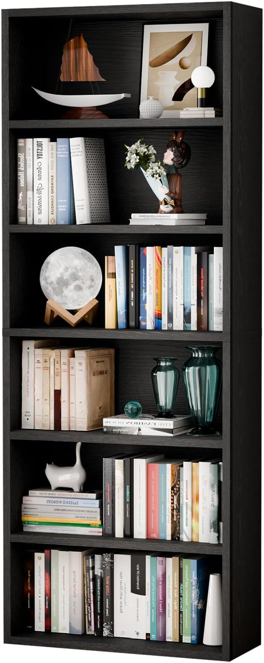 6-Tier Open Bookcase, Freestanding Wood Bookshelf with Display Storage Shelves, Modern Bookcase for Living Room, Bedroom, or Home Office, Black