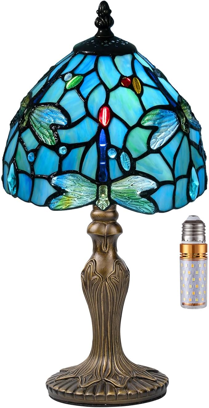 Small Tiffany Table Lamp, 3 Color-Temperature Dragonfly Stained Glass Lamp,8 Inch Tiffany Style Lamp for Bedroom Living Room Home, Handcrafted Light, Included Bulb (Blue)