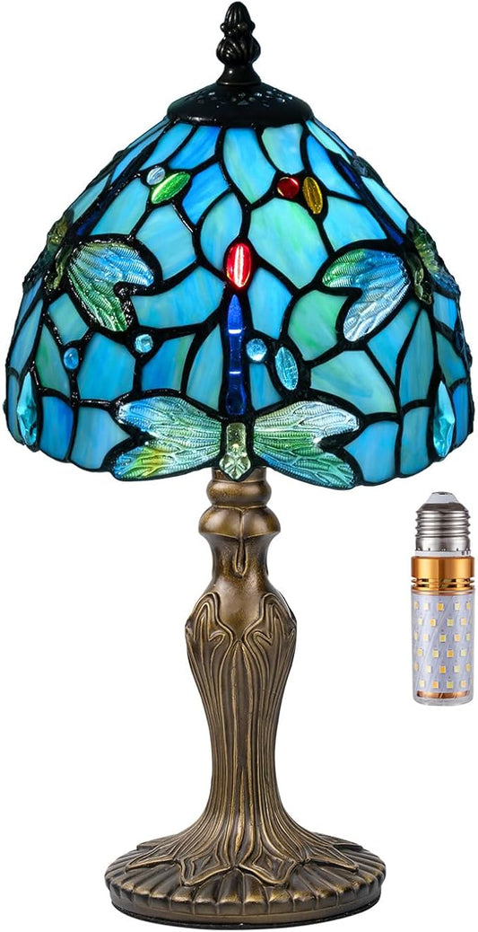 Small Tiffany Table Lamp, 3 Color-Temperature Dragonfly Stained Glass Lamp,8 Inch Tiffany Style Lamp for Bedroom Living Room Home, Handcrafted Light, Included Bulb (Blue)