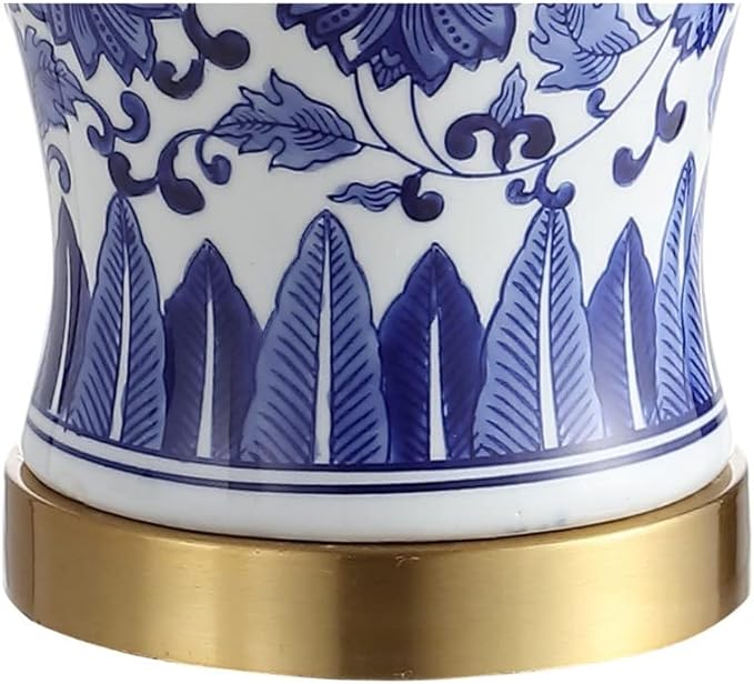 JONATHAN Y 25.75" Blue and White Ceramic Ginger Jar LED Table Lamp Set of 2, Traditional Brass Gold Base for Bedroom Living Room, White Linen Shade, LED Bulbs Included JYL1073A-SET2