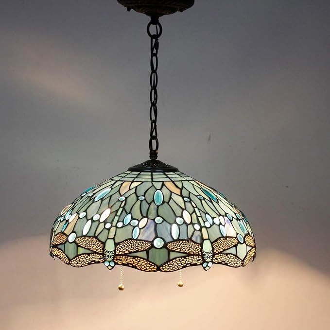 WERFACTORY Tiffany Pendant Light Fixture Sea Blue Stained Glass Dragonfly Hanging Lamp Wide 16 Inch, Height 40 Inch S147 Series