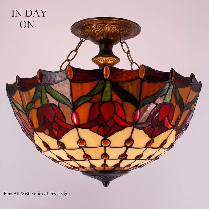 WERFACTORY Tiffany Ceiling Light Fixture Red Yellow Tulip Stained Glass Semi Flush Mount Lamp Wide 16 Inch Height 15 Inch Tiffany Ceiling Lamp S030 Series