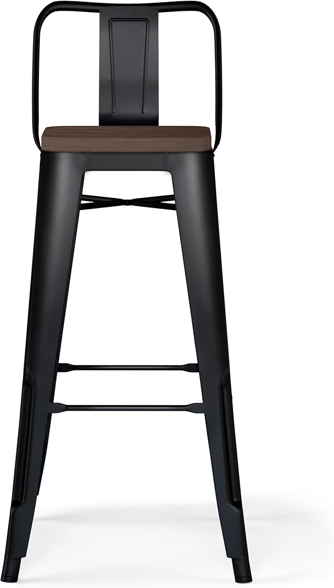 SIMPLIHOME Rayne Bar Stools (Set of 2) - 30 inch Seat Height Metal and Wood Chairs in Black, Industrial Seating for Kitchen or Bar with Curved Back, Footrest, and Elm Wood Seat
