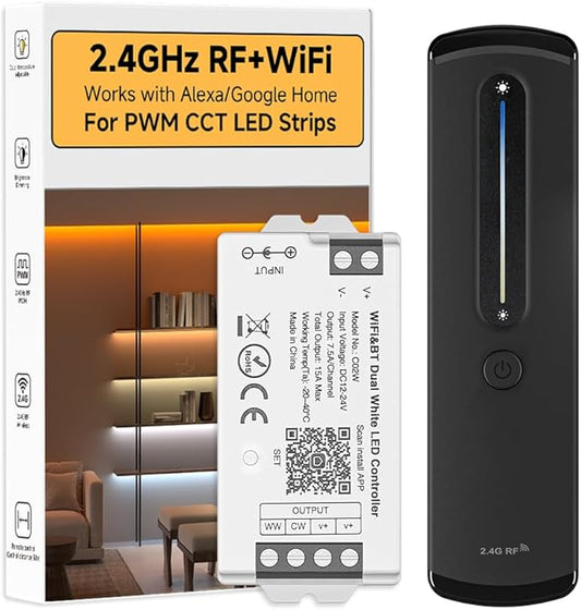 BTF-LIGHTING RF 2.4GHz Wireless Remote RC08RFB & C02W Dual White 2.4GHz Tuya WiFi Controller Kit Alexa Google Home APP Control for CCT PWM 5050SMD FCOB (+ CW WW) 3PIN LED Strip DC12V DC24V
