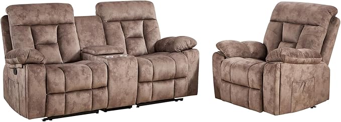 CANMOV Recliner Sofa Set, Power Lift Recliner with Massage&Heat and Loveseat Set, Reclining Sofa with Storage Console,Hidden Cup Holders, for Living Room, Camel-Brown