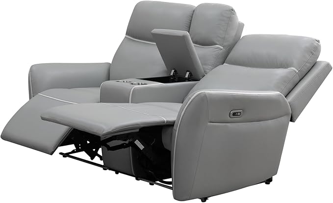 Power Reclining Loveseat for Living Room, Air Leather Recliner Couch with Storage Console, Cup Holders, LED Lighting&USB Charging Port for Home Theater RV (Light Grey)