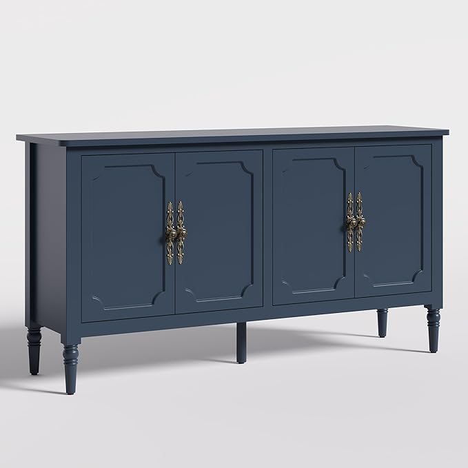 Console Cabinet, 58" Mid Century Modern Pantry Cabinet, Wood Buffet Cabinet, Media Cabinet with 4 Doors, Accent Sideboard for Entryway, Living Room, Dining Room (Blue)