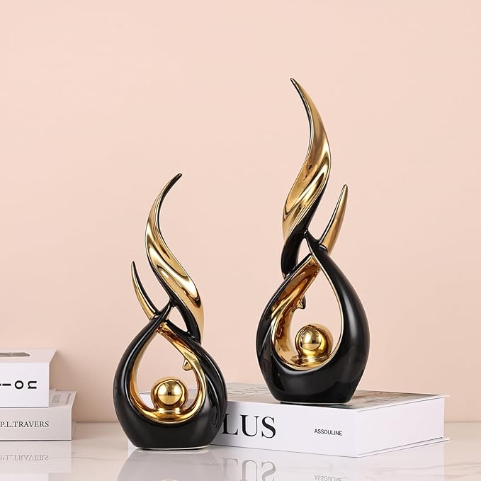 2 PCS Black Gold Ceramic Statues For Home Decor Accents, Modern Abstract Art Sculptures, Elegant Tabletop Decorative Objects For Dining Room, Entryway, Tv Stand, Mantel, Coffee Table Centerpieces