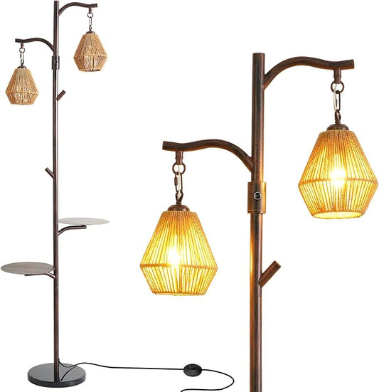 Hsyile Arc Floor Lamp with Cage Shade,Rattan&Fabric Boho Floor Lamps for Living Room Bedroom,Rust Color Industrial Dimmable Floor Light,Farmhouse Rustic Tall Lamp for Office Reading