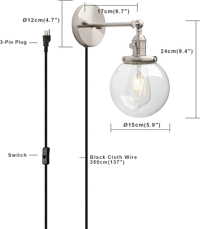 Permo 1-Light Plug in On/Off Switch Wall Sconce with Mini 5.9" Round Globe Clear Glass Shade Vintage Industrial Wall lamp Light Fixture (Brushed)