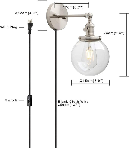 Permo 1-Light Plug in On/Off Switch Wall Sconce with Mini 5.9" Round Globe Clear Glass Shade Vintage Industrial Wall lamp Light Fixture (Brushed)