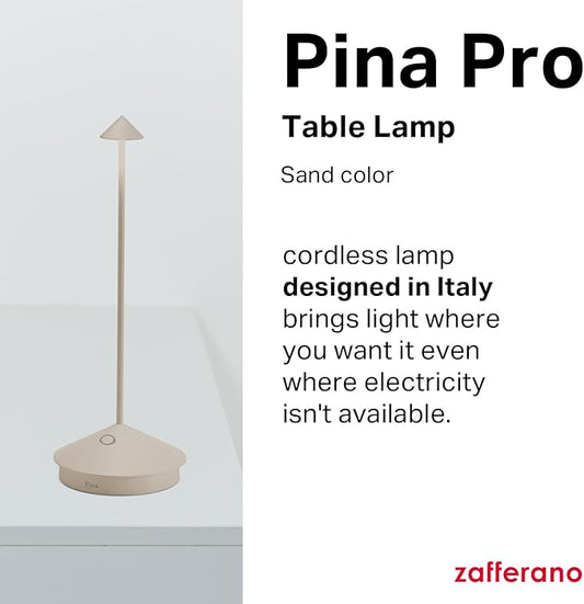 Zafferano, Pina Pro Lamp, Rechargeable Cordless Table Lamp with Touch Controls, Suitable for Indoor and Outdoor, Dimmer, 2200-3000 K, Height 11.4 Inches, Sand Color