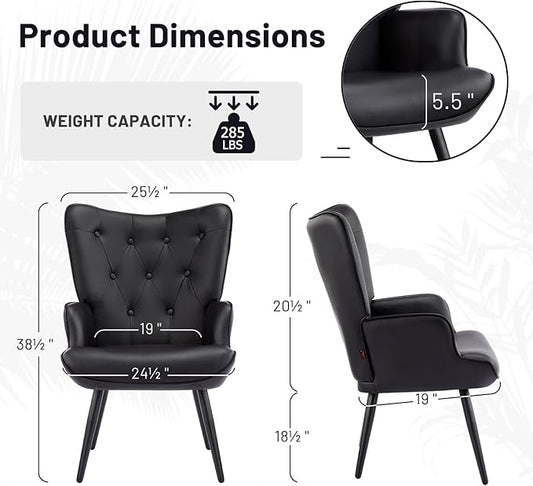 Furniliving PU Leather Accent Chair for Living Room, Upholstered Reading Chair with High Backrest, Tufted-Button Wingback Armchair for Bedroom, Dressing Room, Home Office, Black