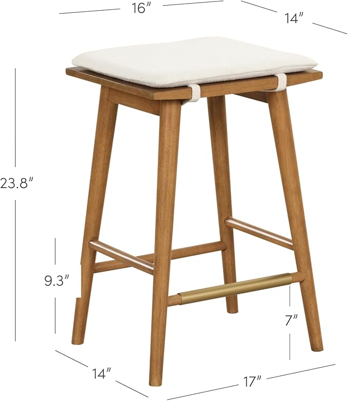 Nathan James Barker Counter Height Solid Wood Barstool with Upholstered Cushion, Backless Island Stool with Rubberwood Legs and Natural Textured Linen Upholstery for Kitchen, Brown/White