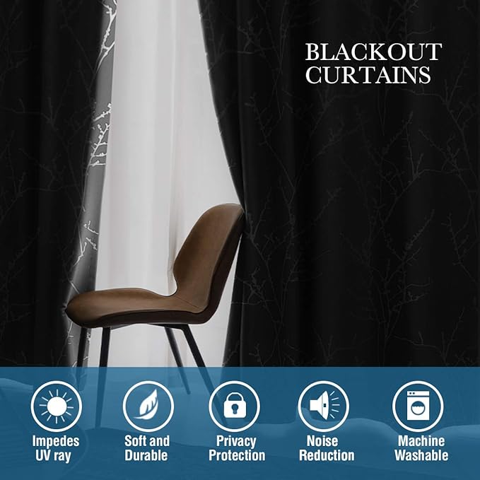 H.VERSAILTEX Blackout Curtains for Bedroom Foil Print Twig Tree Branch Thermal Insulated Grommet Curtain Drapes Light Blocking Thick Soft Window Curtains for Living 52 x 63 Inch, 2 Panels, Black