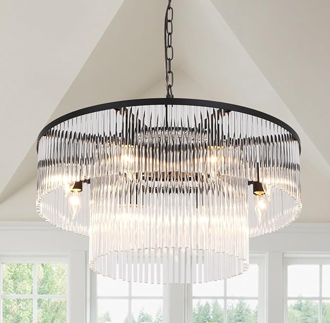 Black Modern Chandelier, 2-Tier Crystal Glass, 8-Light Round Dining Room Chandelier, Contemporary Pendant Ceiling Light for Bedroom Foyer Entryway, 23.6''