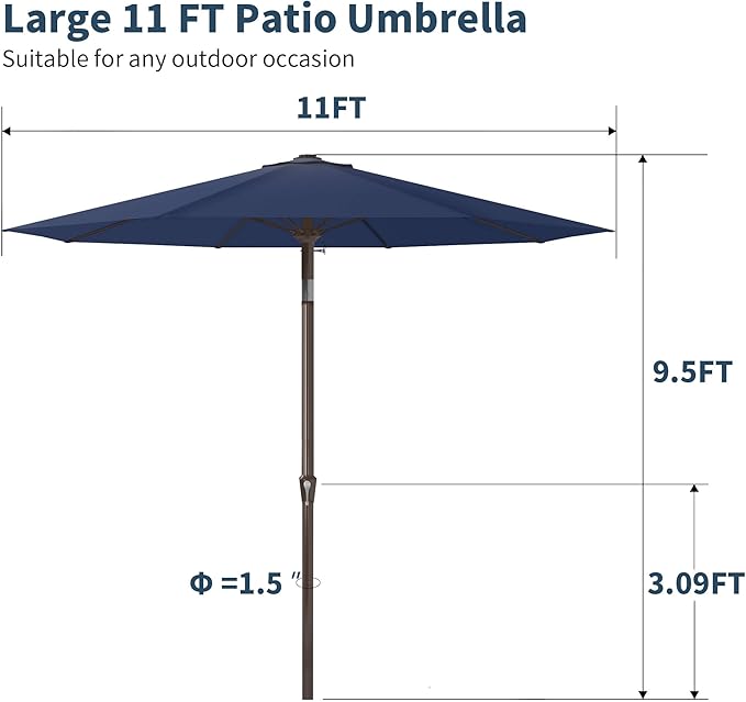 PatioKingdom 11FT Patio Umbrella,Outdoor Umbrella with Push Button Tilt and Crank,Market Table Umbrella with 8 Sturdy Fiberglass Ribs UV Protection