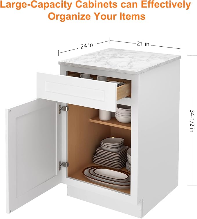 LOVMOR Kitchen Base Cabinets, Sideboard Storage Cabinet, Entryway Cabinet with 1-Drawer & Adjustable Shelf, 21" W X 24" D X 34-1/2"H