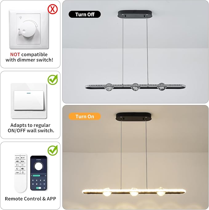 Modern LED Pendant Lights, Dimmable 39in Crystal Globe LED Rectangle Chandelier Lighting, Linear Black Dining Room Hanging Light Fixtures Kitchen Island Pendant Light Over Dining Table, 40W