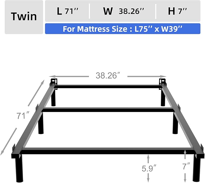 DTIG Twin Bed Frame 7 Inch Twin Size Metal Bed Frame for Box Spring and Mattress, Tool-Free Heavy Duty Bedframe Easy Assembly Box Spring Base Black
