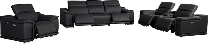 Blackjack Furniture Venice Top Grain Italian Leather Recliner 7 Seater 5 Power Reclining 3 Piece Sofa Set with Adjustable Headrests Modern Seating Sofa, Loveseat and Chair for Living Room , Black