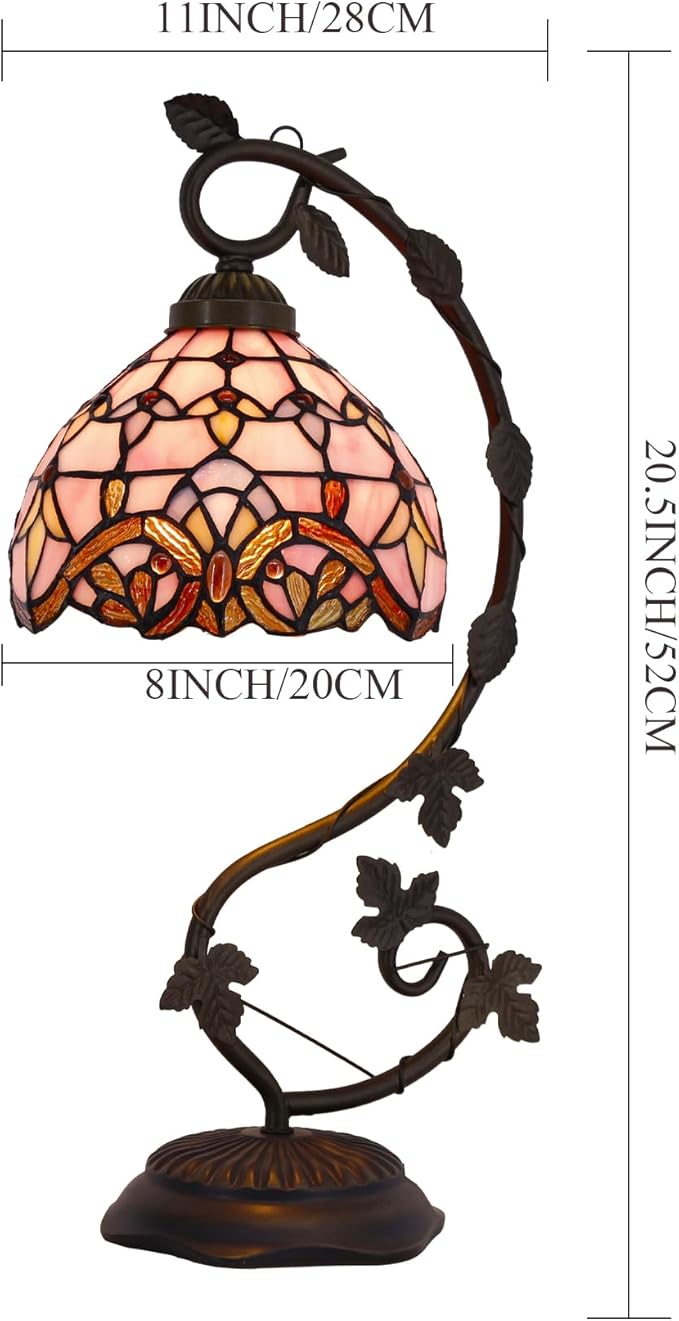 WERFACTORY Tiffany Table Lamp Pink Stained Glass Baroque Style Reading Desk Light, Metal Leaf Base 8X10X21 Inches Decor Small Space Bedside Bedroom Home Office S003P Series