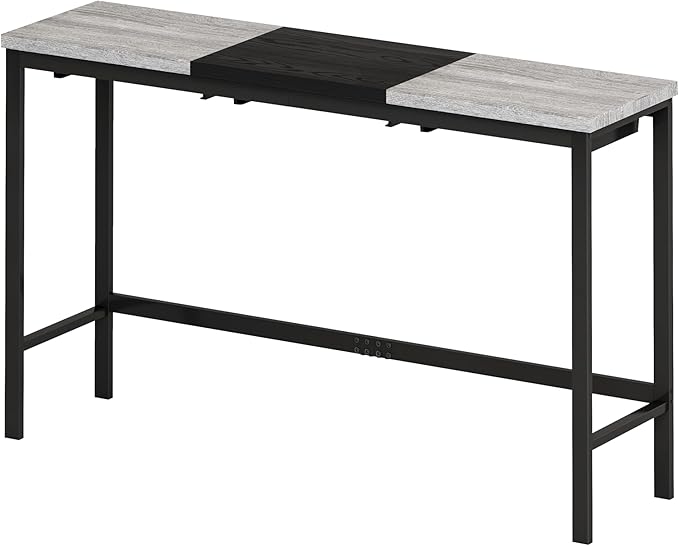 Merax 4 Piece Block-Color Pub Dining Table Set,Modern Bar Table Set with 60.24 Long Dining Table w/Hanging Stool Design and 3 Stools,for Breakfast Nook Living Room Small Space Restaurant,Grey+Black