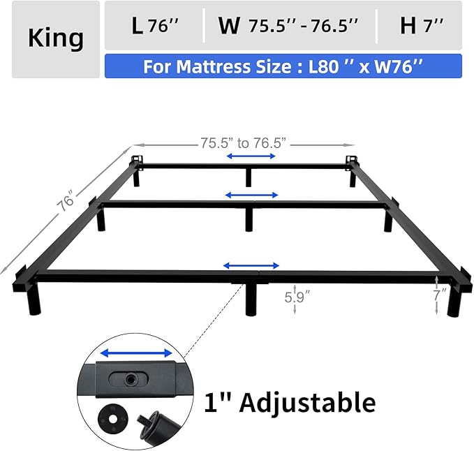 DTIG 7 Inch King Size Metal Bed Frame for Box Spring and Mattress 9-Leg Base Heavy Duty Bed Frame Tool-Free Easy Assembly Box Spring Base Black