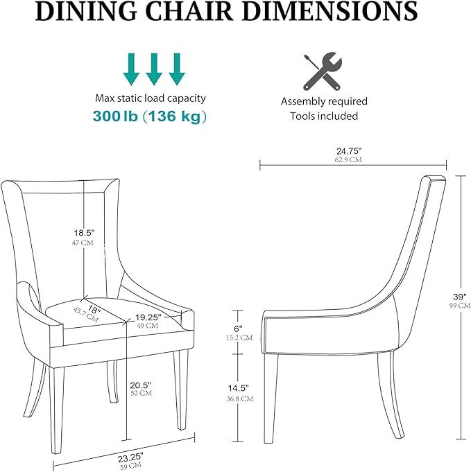 MADISON PARK SIGNATURE Ultra Dining Chairs Set of 2, Swoop Arm, Curved Back Chenille Upholstery Design, Solid Wood Legs, High Desnity Foam Seat Kitchen Furniture, Dark Grey, 23.25"W x 24.75"D x 39"H