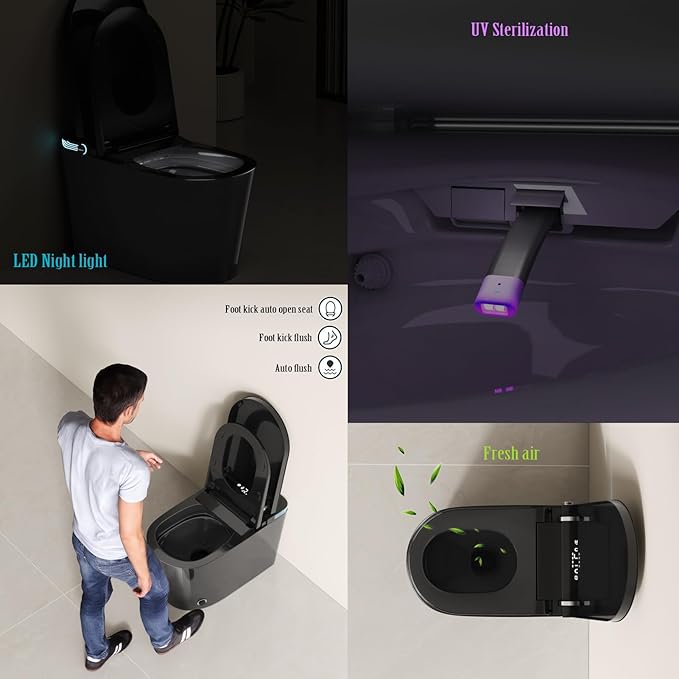 Black Smart Toilet with Auto Open/Close Lid, Modern Intelligent Tankless One Piece Toilet with Bidet Built In, Warm Water, Warm Air Drying, Self-Cleaning Heated Seat Toilet with Remote Control.