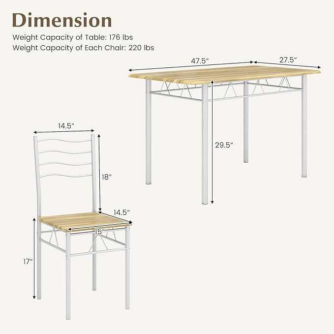 COSTWAY Kitchen Table Chairs Set of 4, 5 Piece Metal Rectangular Dinette Set w/Non-Slip Pad, Space-Saving Design, Modern Dining Room Table Set for Small Place Breakfast Nook Restaurant (Light-Walnut)