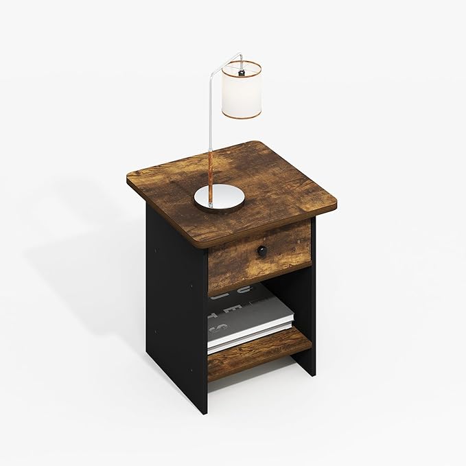 Furinno Modern Side Table, Square End Table with Storage Bin, Round Corner Night Stand, Bedside Table with Storage Shelf, for Living Room, Bedroom, Amber Oak