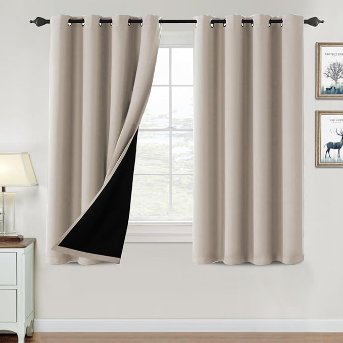 H.VERSAILTEX 100% Blackout Curtains for Bedroom Thermal Insulated Blackout Curtains 54 inch Length Heat and Full Light Blocking Curtains for Living Room with Black Liner 2 Panels Set, Natural