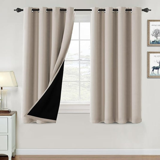 H.VERSAILTEX 100% Blackout Curtains for Bedroom Thermal Insulated Blackout Curtains 54 inch Length Heat and Full Light Blocking Curtains for Living Room with Black Liner 2 Panels Set, Natural