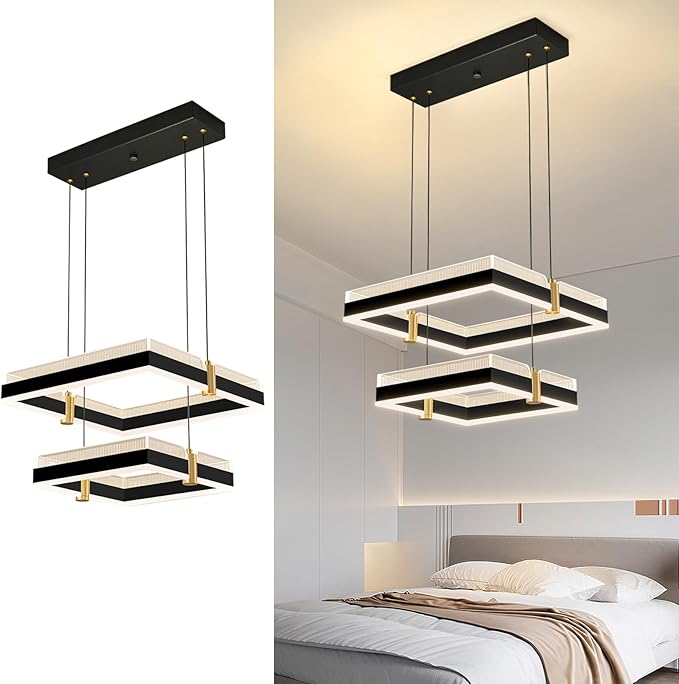 Modern LED Chandelier with Remote Control 2 Ring Dimmable 3 Color Black Gold Adjustable Pendant Light Square Chandelier Dining Light Fixture for Kitchen Bedroom Ceiling Hanging