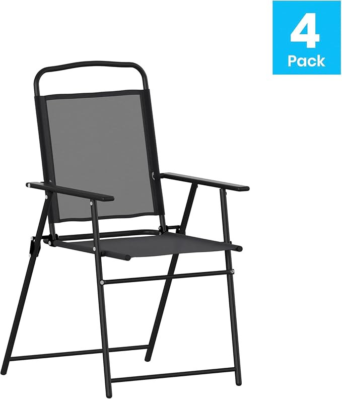 Flash Furniture Mystic Folding Patio Sling Chairs, Outdoor Textilene Lawn Chairs with Armrests, Set of 4, Black