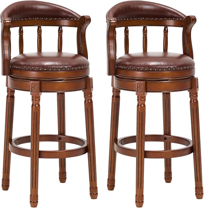 Cow top Leather Wooden Bar Stools, 29.5" Height Bar Chair with Back, 180 Degrees Swivel Bar Stools Chair for Home Kitchen Counter,Restaurant (Brown-2pcs, Bar Seat Height 29.5in)