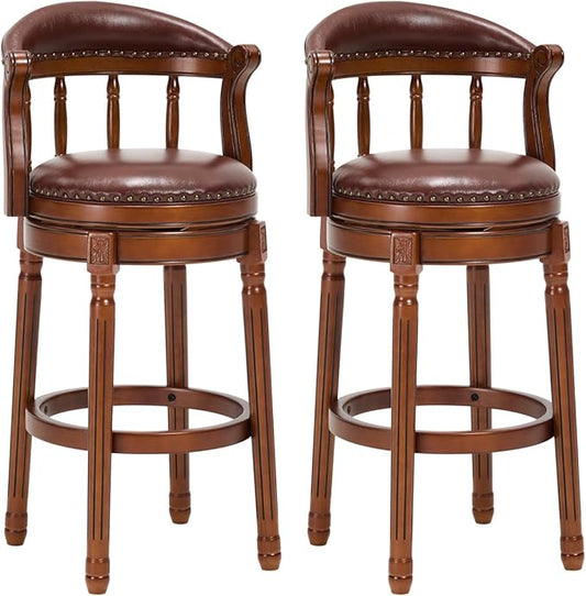 Cow top Leather Wooden Bar Stools, 29.5" Height Bar Chair with Back, 180 Degrees Swivel Bar Stools Chair for Home Kitchen Counter,Restaurant (Brown-2pcs, Bar Seat Height 29.5in)