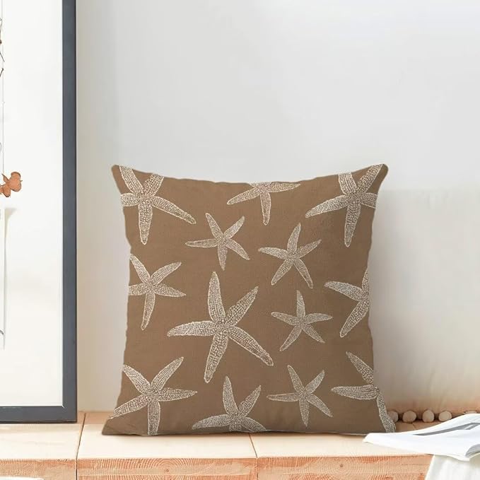 BETGINY Nautical Tan Brown Starfish Throw Pillow Cover 18X18 Inch Pack of 2,Summer Coastal Ocean Decorative Pillow Covers Square Linen Beach Pillow Cases Cushion for Bedroom Home Sofa Decor