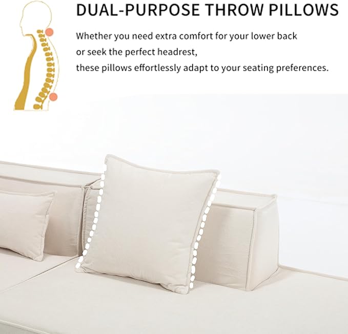 Ball & Cast 129" Tofu Block Modular Sofa Set with Left-Hand Facing Chaise,Modern Sectional Couch W/Square Armrest & Pillows,Free Combination,Italian Minimalist Style,for Livingroom,Beige Terrycloth