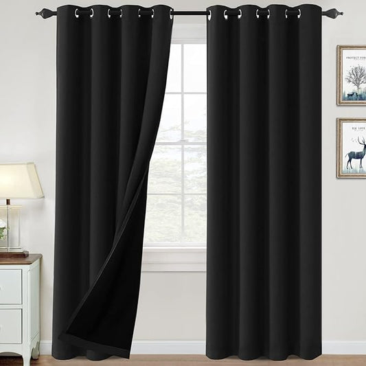 H.VERSAILTEX 100% Blackout Curtains for Bedroom Thermal Insulated Blackout Curtains 108 inch Length Heat and Full Light Blocking Curtains for Living Room with Black Liner 2 Panels Set, Jet Black
