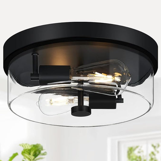 Flush Mount Ceiling Light Fixtures, 2-Light Black Ceiling Mount for Farmhouse with Clear Glass Lampshade, Industrial Flush Mount Light Fixture for Hallway, Kitchen, Entryway and Foyer