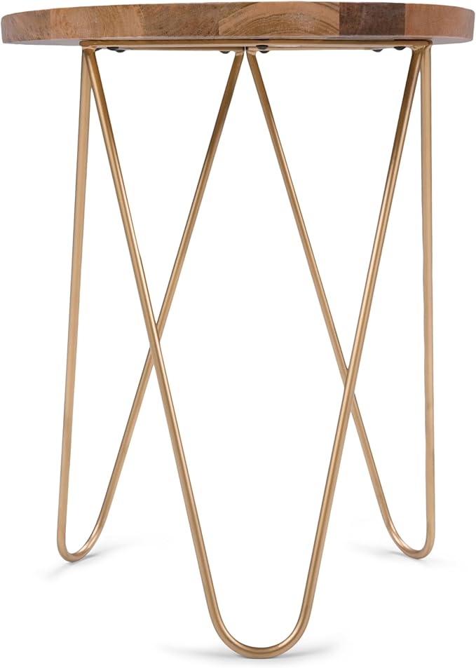 SIMPLIHOME Patrice Metal Table - 18 inch Wide Solid Wood and Metal Round Side Table in Natural and Gold, Mid-Century Modern Accent Table for Living Room or Bedroom with Hairpin Legs